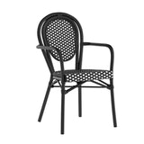 English Elm Commercial Grade Indoor/Outdoor Commercial Thonet French Bistro Stacking Chair with Arms, and White PE Rattan and Aluminum Frame