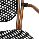 English Elm Commercial Grade Indoor/Outdoor Commercial Thonet French Bistro Stacking Chair with Arms, and White PE Rattan and Bamboo Print Aluminum Frame