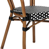 English Elm Commercial Grade Indoor/Outdoor Commercial Thonet French Bistro Stacking Chair with Arms, and White PE Rattan and Bamboo Print Aluminum Frame