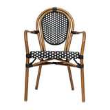 English Elm Commercial Grade Indoor/Outdoor Commercial Thonet French Bistro Stacking Chair with Arms, and White PE Rattan and Bamboo Print Aluminum Frame