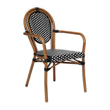 English Elm Commercial Grade Indoor/Outdoor Commercial Thonet French Bistro Stacking Chair with Arms, and White PE Rattan and Bamboo Print Aluminum Frame