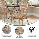 English Elm Commercial Grade Indoor/Outdoor Commercial Thonet French Bistro Stacking Chair with Arms, Natural/ PE Rattan and Bamboo Print Aluminum Frame in Lt Natural