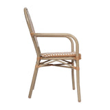 English Elm Commercial Grade Indoor/Outdoor Commercial Thonet French Bistro Stacking Chair with Arms, Natural/ PE Rattan and Bamboo Print Aluminum Frame in Lt Natural