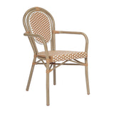 English Elm Commercial Grade Indoor/Outdoor Commercial Thonet French Bistro Stacking Chair with Arms, Natural/ PE Rattan and Bamboo Print Aluminum Frame in Lt Natural