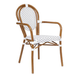 English Elm Commercial Grade Indoor/Outdoor Commercial Thonet French Bistro Stacking Chair with Arms, White and PE Rattan and Bamboo Print Aluminum Frame in Natural