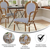 English Elm Commercial Grade Indoor/Outdoor Commercial Thonet French Bistro Stacking Chair with Arms, White and Navy PE Rattan and Bamboo Print Aluminum Frame in Natural