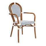 English Elm Commercial Grade Indoor/Outdoor Commercial Thonet French Bistro Stacking Chair with Arms, White and Navy PE Rattan and Bamboo Print Aluminum Frame in Natural