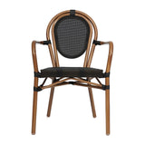 English Elm Commercial Grade Indoor/Outdoor Commercial Thonet French Bistro Stacking Chair with Arms, Textilene and Bamboo Print Aluminum Frame in Natural