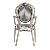 English Elm Commercial Grade Indoor/Outdoor Commercial Thonet French Bistro Stacking Chair with Arms, /White Textilene and Bamboo Print Aluminum Frame in Natural