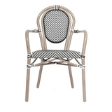 English Elm Commercial Grade Indoor/Outdoor Commercial Thonet French Bistro Stacking Chair with Arms, /White Textilene and Bamboo Print Aluminum Frame in Natural