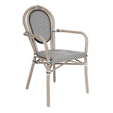 English Elm Commercial Grade Indoor/Outdoor Commercial Thonet French Bistro Stacking Chair with Arms, /White Textilene and Bamboo Print Aluminum Frame in Natural