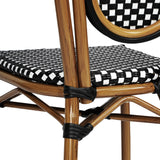 English Elm Commercial Grade Indoor/Outdoor Commercial Thonet French Bistro Stacking Chair, and White PE Rattan and Bamboo Print Aluminum Frame in Natural