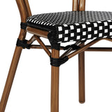 English Elm Commercial Grade Indoor/Outdoor Commercial Thonet French Bistro Stacking Chair, and White PE Rattan and Bamboo Print Aluminum Frame in Natural