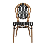 English Elm Commercial Grade Indoor/Outdoor Commercial Thonet French Bistro Stacking Chair, and White PE Rattan and Bamboo Print Aluminum Frame in Natural