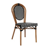 English Elm Commercial Grade Indoor/Outdoor Commercial Thonet French Bistro Stacking Chair, and White PE Rattan and Bamboo Print Aluminum Frame in Natural