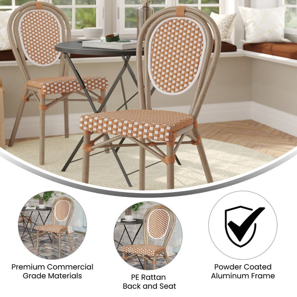 English Elm Commercial Grade Indoor/Outdoor Commercial Thonet French Bistro Stacking Chair, Natural/ PE Rattan and Bamboo Print Aluminum Frame in Light Natural