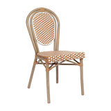 English Elm Commercial Grade Indoor/Outdoor Commercial Thonet French Bistro Stacking Chair, Natural/ PE Rattan and Bamboo Print Aluminum Frame in Light Natural