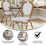 English Elm Commercial Grade Indoor/Outdoor Commercial Thonet French Bistro Stacking Chair, White and PE Rattan and Bamboo Print Aluminum Frame in Natural