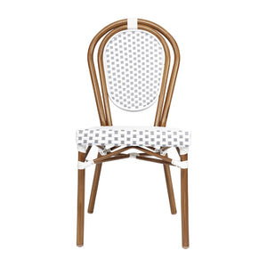 English Elm Commercial Grade Indoor/Outdoor Commercial Thonet French Bistro Stacking Chair, White and PE Rattan and Bamboo Print Aluminum Frame in Natural
