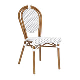 English Elm Commercial Grade Indoor/Outdoor Commercial Thonet French Bistro Stacking Chair, White and PE Rattan and Bamboo Print Aluminum Frame in Natural