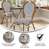 English Elm Commercial Grade Indoor/Outdoor Commercial Thonet French Bistro Stacking Chair, White and Navy PE Rattan and Bamboo Print Aluminum Frame in Natural