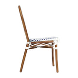 English Elm Commercial Grade Indoor/Outdoor Commercial Thonet French Bistro Stacking Chair, White and Navy PE Rattan and Bamboo Print Aluminum Frame in Natural