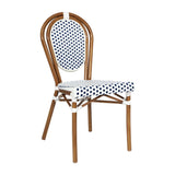 English Elm Commercial Grade Indoor/Outdoor Commercial Thonet French Bistro Stacking Chair, White and Navy PE Rattan and Bamboo Print Aluminum Frame in Natural