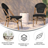 English Elm Commercial Grade Indoor/Outdoor Commercial French Bistro Stacking Chair, Textilene Back and Seat, Bamboo Print Aluminum Frame in Natural