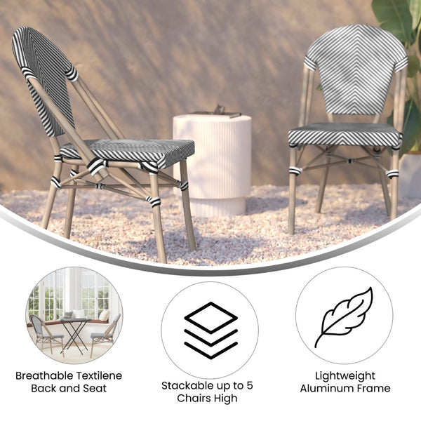 English Elm Commercial Grade Indoor/Outdoor Commercial French Bistro Stacking Chair, /White Textilene Back and Seat, Bamboo Print Aluminum Frame in Light Natural