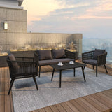 Commercial Grade All-Weather 4-Piece Woven Conversation Set with Gray Zippered Removable Cushions & Metal Coffee Table