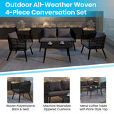 English Elm Commercial Grade All-Weather 4-Piece Woven Conversation Set with Gray Zippered Removable Cushions & Metal Coffee Table