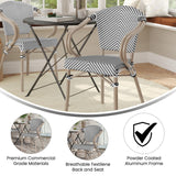 English Elm Commercial Grade Indoor/Outdoor Commercial French Bistro Stacking Chair with Arms, /White Textilene and Bamboo Print Aluminum Frame in LT Natural