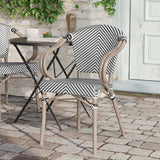 English Elm Commercial Grade Indoor/Outdoor Commercial French Bistro Stacking Chair with Arms, /White Textilene and Bamboo Print Aluminum Frame in LT Natural