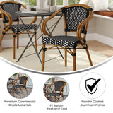 English Elm Commercial Grade Indoor/Outdoor Commercial French Bistro Stacking Chair with Arms, and White PE Rattan and Bamboo Print Aluminum Frame in Natural