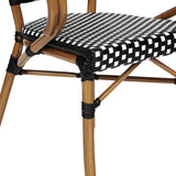 English Elm Commercial Grade Indoor/Outdoor Commercial French Bistro Stacking Chair with Arms, and White PE Rattan and Bamboo Print Aluminum Frame in Natural