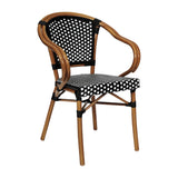 English Elm Commercial Grade Indoor/Outdoor Commercial French Bistro Stacking Chair with Arms, and White PE Rattan and Bamboo Print Aluminum Frame in Natural