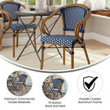 English Elm Commercial Grade Indoor/Outdoor Commercial French Bistro Stacking Chair with Arms, Navy and White PE Rattan and Bamboo Print Aluminum Frame in Natural