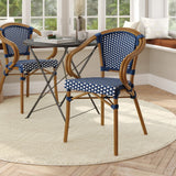 English Elm Commercial Grade Indoor/Outdoor Commercial French Bistro Stacking Chair with Arms, Navy and White PE Rattan and Bamboo Print Aluminum Frame in Natural