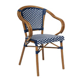 English Elm Commercial Grade Indoor/Outdoor Commercial French Bistro Stacking Chair with Arms, Navy and White PE Rattan and Bamboo Print Aluminum Frame in Natural