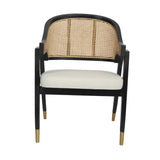 English Elm Commercial Grade Commercial Cane Rattan Dining and Accent Chair with Solid Wood Frame Featuring Gold Tipped Legs and Beige Padded Seat in Natural/