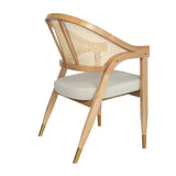 English Elm Commercial Grade Commercial Cane Rattan Dining and Accent Chair with Solid Wood Frame Featuring Gold Tipped Legs and Beige Padded Seat