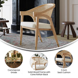 English Elm Commercial Grade Commercial Cane Rattan Dining and Accent Chair with Solid Wood Frame Featuring Gold Tipped Legs and Beige Padded Seat