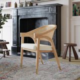 English Elm Commercial Grade Commercial Cane Rattan Dining and Accent Chair with Solid Wood Frame Featuring Gold Tipped Legs and Beige Padded Seat