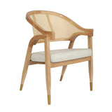 English Elm Commercial Grade Commercial Cane Rattan Dining and Accent Chair with Solid Wood Frame Featuring Gold Tipped Legs and Beige Padded Seat