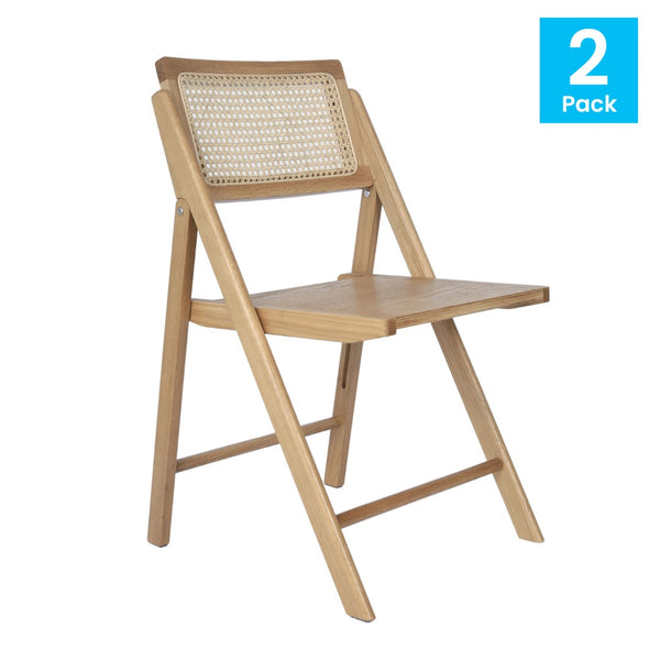 English Elm Commercial Grade - Set of 2 Cane Rattan Folding Chairs with Solid Wood Frame and Seat and Ventilated Back, Perfect for Events or Additional Seating,