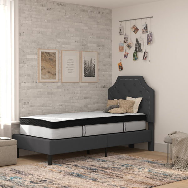 English Elm Twin Size Tufted Upholstered Platform Bed in Fabric with Memory Foam Mattress