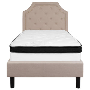 English Elm Twin Size Tufted Upholstered Platform Bed in Fabric with Memory Foam Mattress