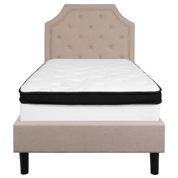 English Elm Twin Size Tufted Upholstered Platform Bed in Fabric with Memory Foam Mattress