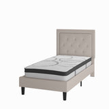 English Elm Twin Size Tufted Upholstered Platform Bed in Fabric with 10 Inch CertiPUR-US Certified Pocket Spring Mattress