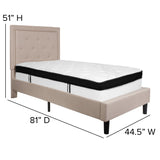 English Elm Twin Size Tufted Upholstered Platform Bed in Fabric with Memory Foam Mattress